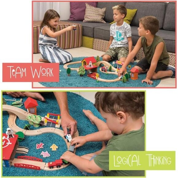 Wooden Train Set - 69 Pieces Wooden Train Tracks & Trains for Kids, Toddler - Picture 4 of 7